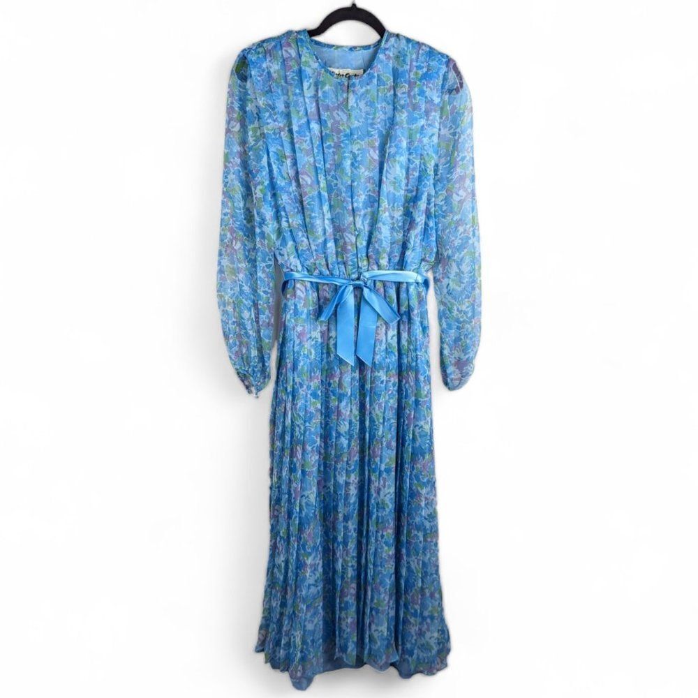 Vintage 70s Blue Floral Pleated Maxi Dress Sheer Long Sleeve Victor Costa Sz 16